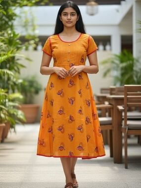 Gorgeous Vintage Isabella Orange Printed Short-Sleeve A-Line Midi Dress Saree